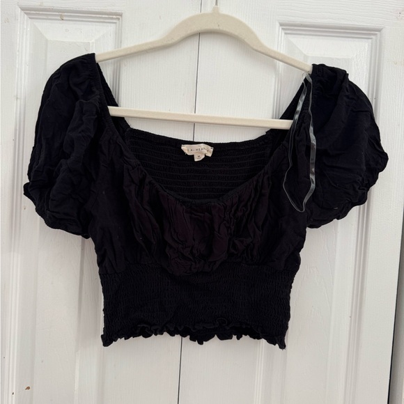Black Smocked Puff Sleeve Top - Picture 1 of 2